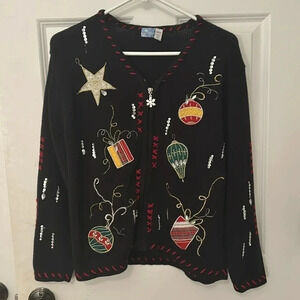 Holiday Editions Ugly Christmas sweater size medium black zip up ornament sweate